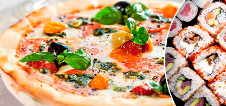 The menu of the Food Man delivery service in Kiev. Order sushi and pizza at a discounted rate.